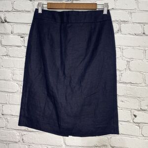 J Crew Baird McNutt Linen Skirt Size 2 NAVY‎ BLUE Pencil Straight Back Zip Lined
